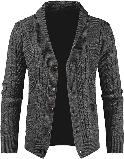 Men's Casual Long Sleeve Shawl Collar Collar Buttons Down Cable Knit Cardigan Sweater with Pockets